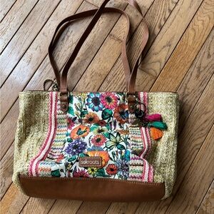 Sakroots Multi Floral Canvas Tote with Brown Trim and Cream Woven Sides